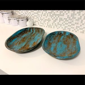 Teal-washed Wooden Tray Set (2)